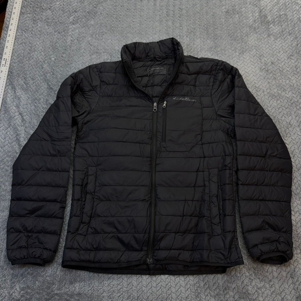 Eddie Bauer Puffer Jacket Mens Small Black Down Insulated Full Zip Packable